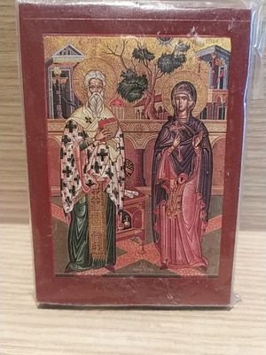 Wooden Byzantine icon of Saints Kyprianos and Ioustina