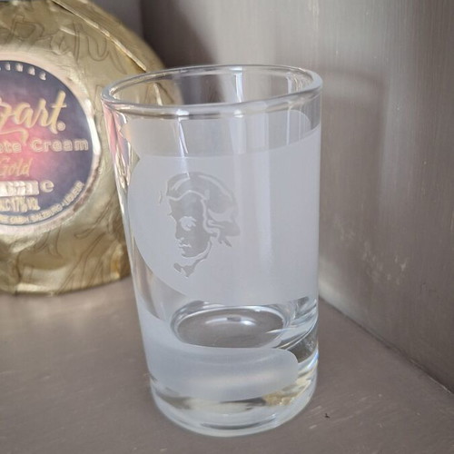 Mozart chocolate cream gold bottle with two promotional glasses used