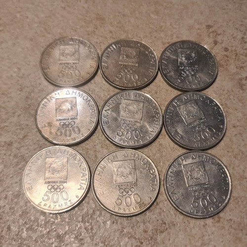 500 Drachma Coins used, set of 9 pieces