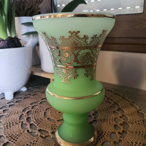 Glass vase opaline vintage used with gold designs