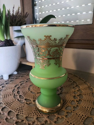 Glass vase opaline vintage used with gold designs