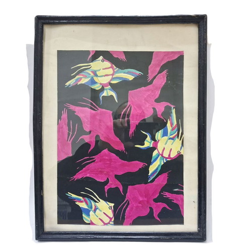 Original watercolor painting used, decorative fish, 42×32 cm framed