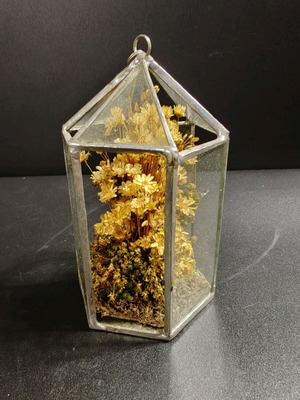 Vintage metal glass hexagon hanging garden used, dry flowers