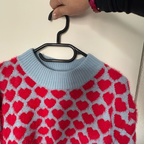 Milk white sweater like new with hearts, blue and pink