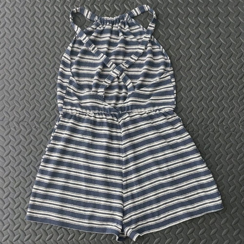 Pull&Bear women's striped backless shorts jumpsuit like new, white-blue