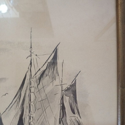 Watercolor painting with sailboats used, signed by D. Ioannou