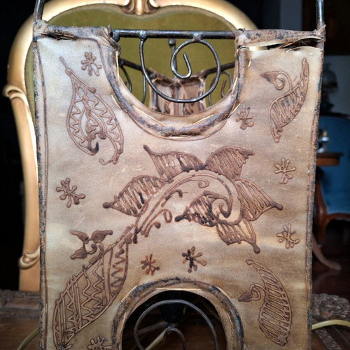 Table lamp used, leather with embossed decoration
