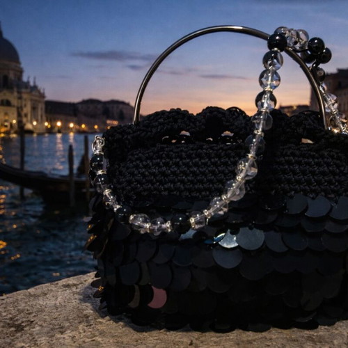 Handmade evening bag new, black with sequins and glass beads