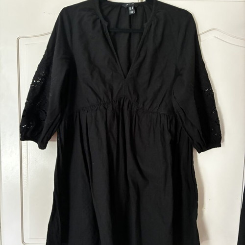 New Look Black Cotton Mini Dress Boho Broderie Anglaise Puff Sleeve Size L