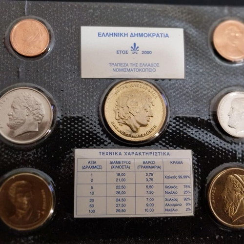Greek drachma and euro coin sets, sealed blister and nylon