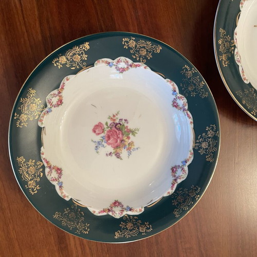 Vintage Scherzer Bavaria Deep Porcelain Plates Pair like new, emerald floral