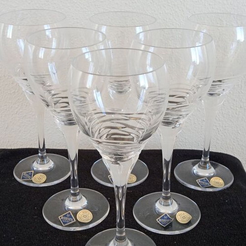 Set of 6 Bohemia 24% crystal water glasses Wave series hand-carved