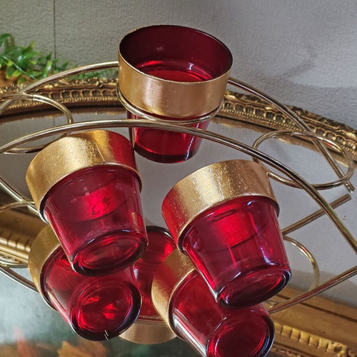 Vintage Carousel candle holder for 3 tealight candles, ruby glass and gold