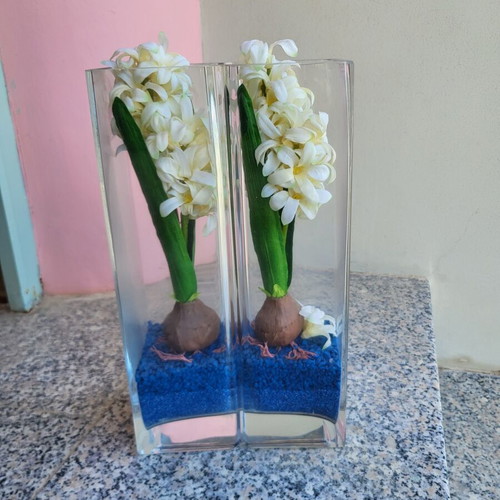 Double Glass Vase with Artificial Hyacinths like new