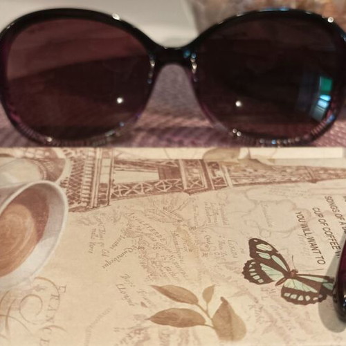 Women's oversized purple sunglasses with gold details