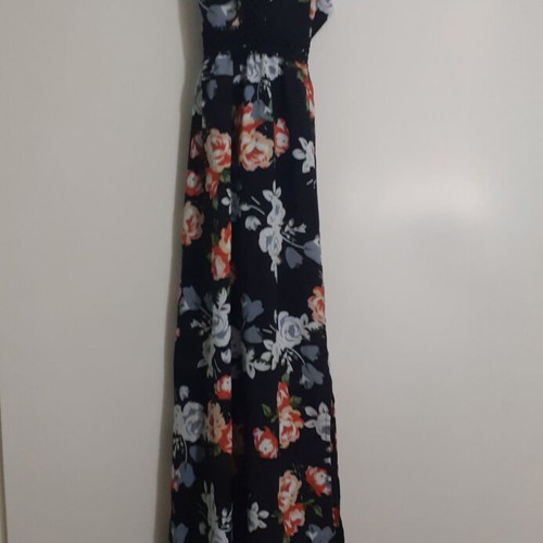 Long dress new with slit and back tie, black with floral pattern