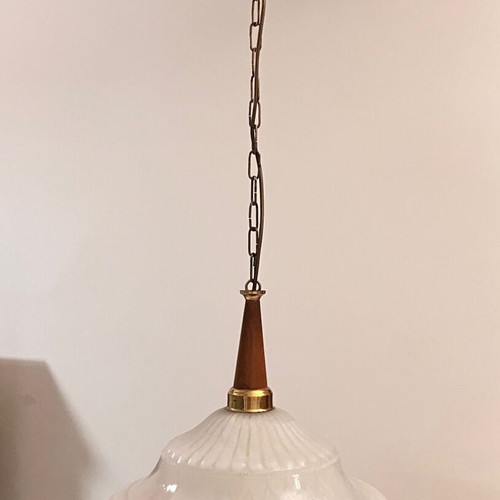 Pendant light vintage, glass, wood and metal, like new, 40 cm diameter