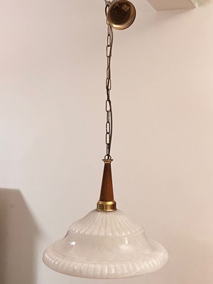 Pendant light vintage, glass, wood and metal, like new, 40 cm diameter