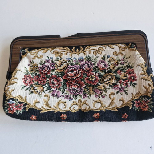 Vintage handbag clutch used with zipper pocket and fabric lining