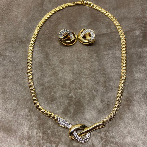 Jewelry set necklace and earrings gold plated with rhinestones new