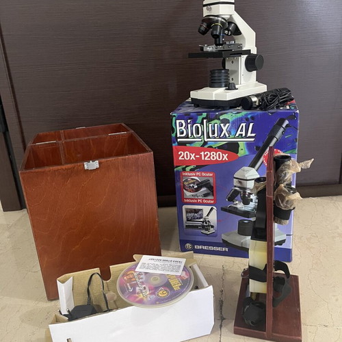 Bresser Biolux AL Microscope new, 20x-1280x, vintage 2004, wooden case