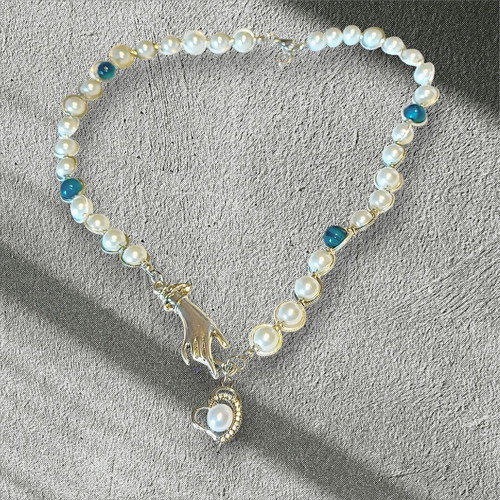 Handmade necklace with white pearls, blue tiger eye and metal elements new
