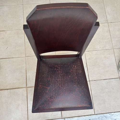 Set of 4 vintage solid wood dining chairs with original burgundy leather seats, Art Deco style