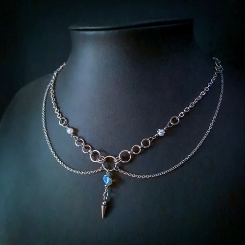 Layered Chain Necklace with moonstone, new, silver