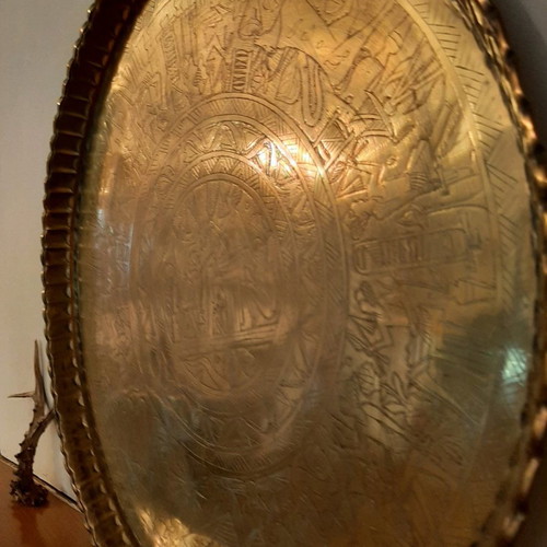 Bronze tray used with Egyptian designs and folding wooden stand