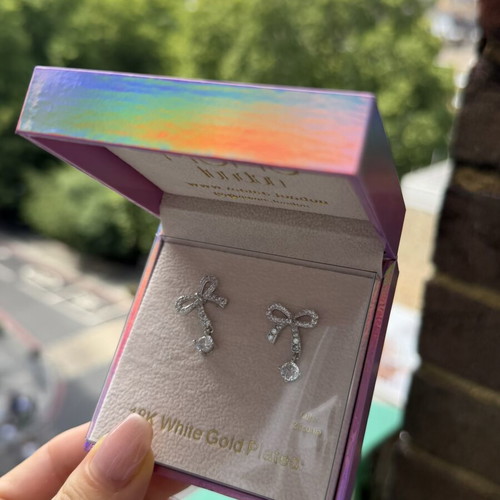 Meme London Belle Ribbon Earrings new, 18K white gold plated