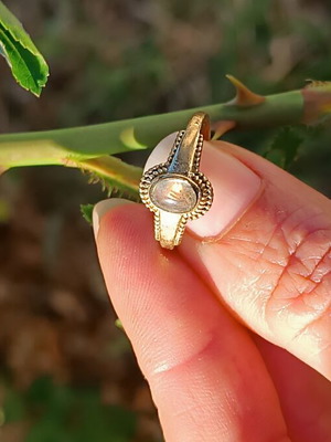 Labradorite brass ring new, adjustable with pink gemstone