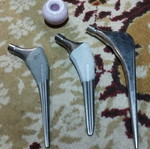 Total hip arthroplasty components, three metal femoral stems and ceramic head