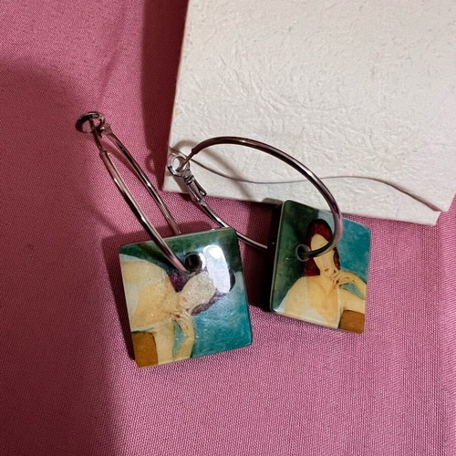Art-Inspired Earrings Modigliani Portrait Design like new, silver hoops