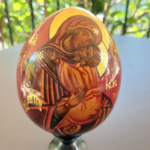 Hand-painted wooden egg with Virgin Mary and Christ, vintage from Russia
