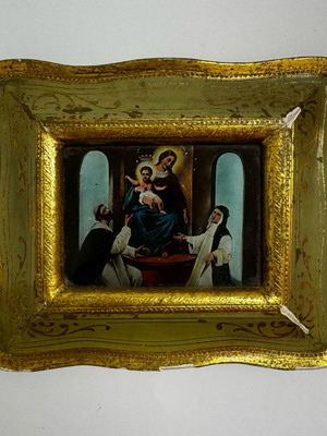 Vintage θρησκευτική εικόνα Παναγία της Πομπηίας μεταχειρισμένη με χρυσή σκαλιστή κορνίζα