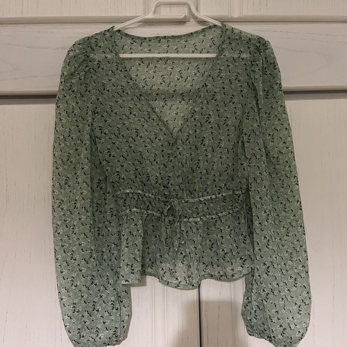 Transparent olive floral blouse with waist tie, size M