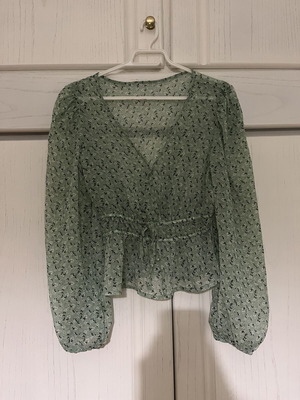 Transparent olive floral blouse with waist tie, size M