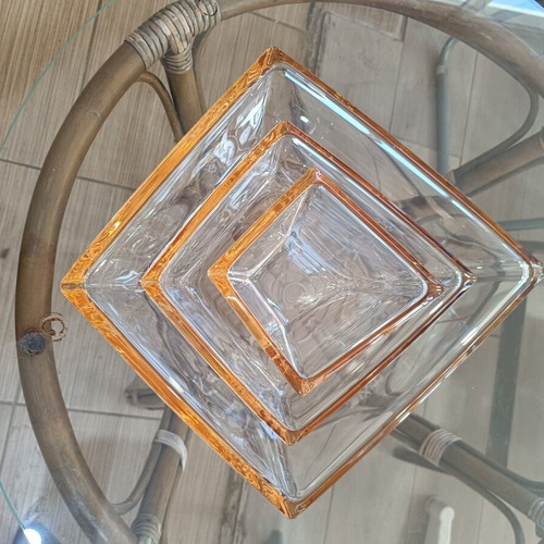 Set of 3 vintage glass decorative bowls with orange rim
