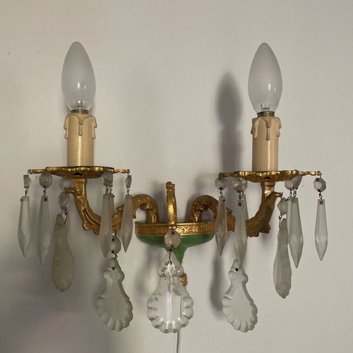 Classic vintage wall sconce with two lights, brass and crystals, like new, set of 2