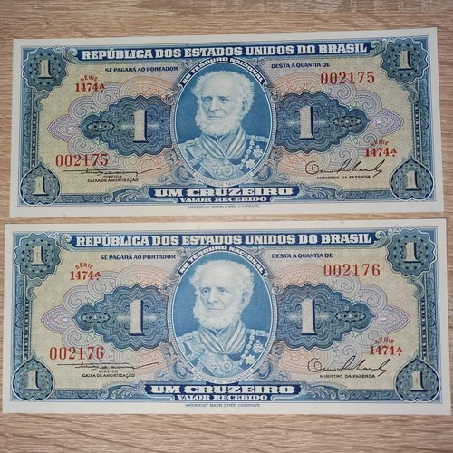 Brazil 1 Cruzeiros 1954 like new, set of 2 consecutive