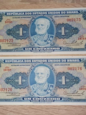 Brazil 1 Cruzeiros 1954 like new, set of 2 consecutive