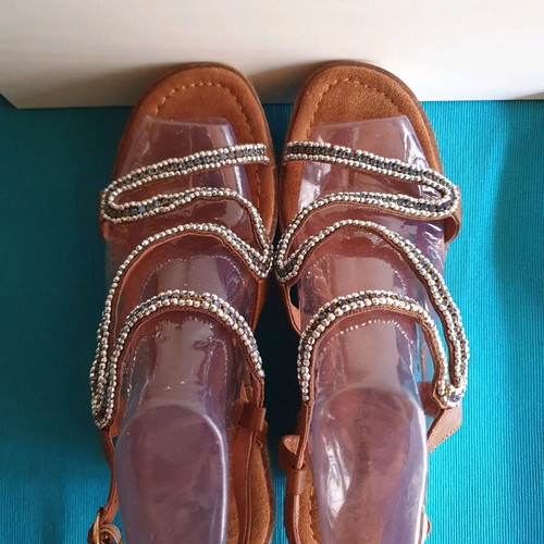 Alma En Pena women's sandals used, brown with blue crystals, size 39