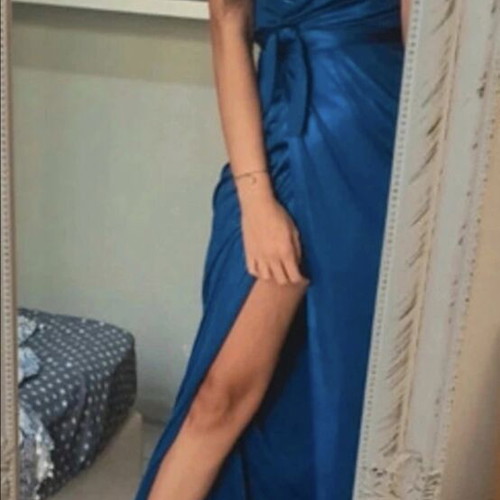 Pale Moi iridescent blue dress with gold chain straps