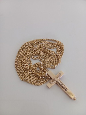 14K gold cross pendant with long chain, 12.82g total
