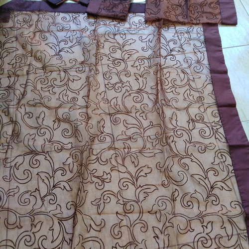 Tablecloth set of five pieces iridescent dark brown, silk organza with embossed flowers and border