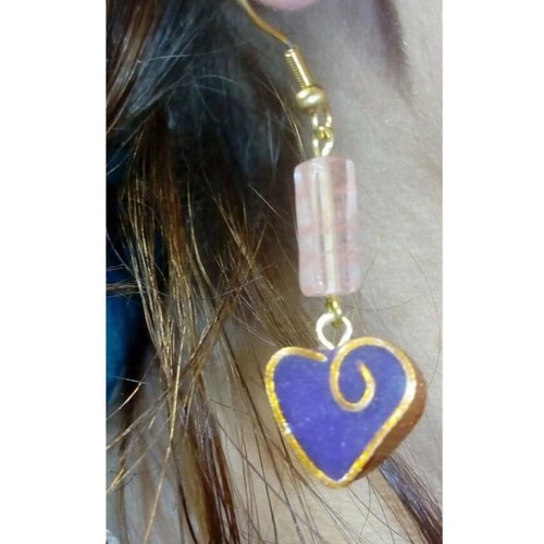 Handmade earrings with pink nephrite gemstone and clay heart