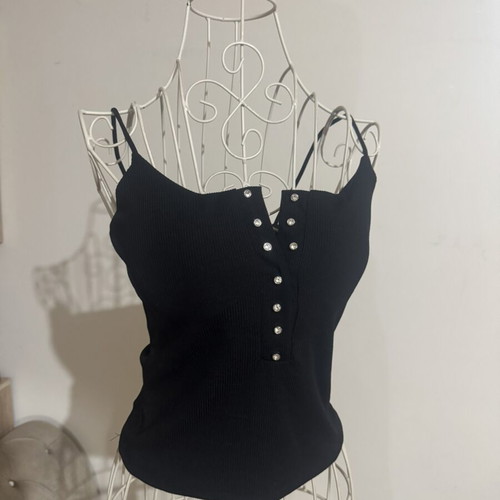 Top with decorative strass buttons, cups, and elastic straps, new, black