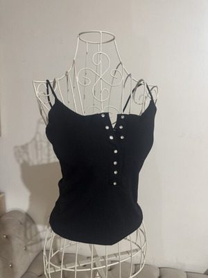 Top with decorative strass buttons, cups, and elastic straps, new, black