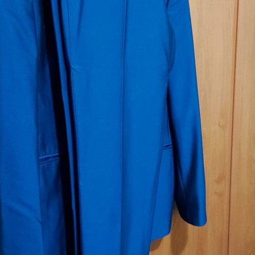 Groom suit Large blue, worn once with jacket, vest, shirt, pants, 2 ties and bow tie