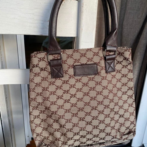Shoulder bag new, medium size, brown shades, fabric and faux leather
